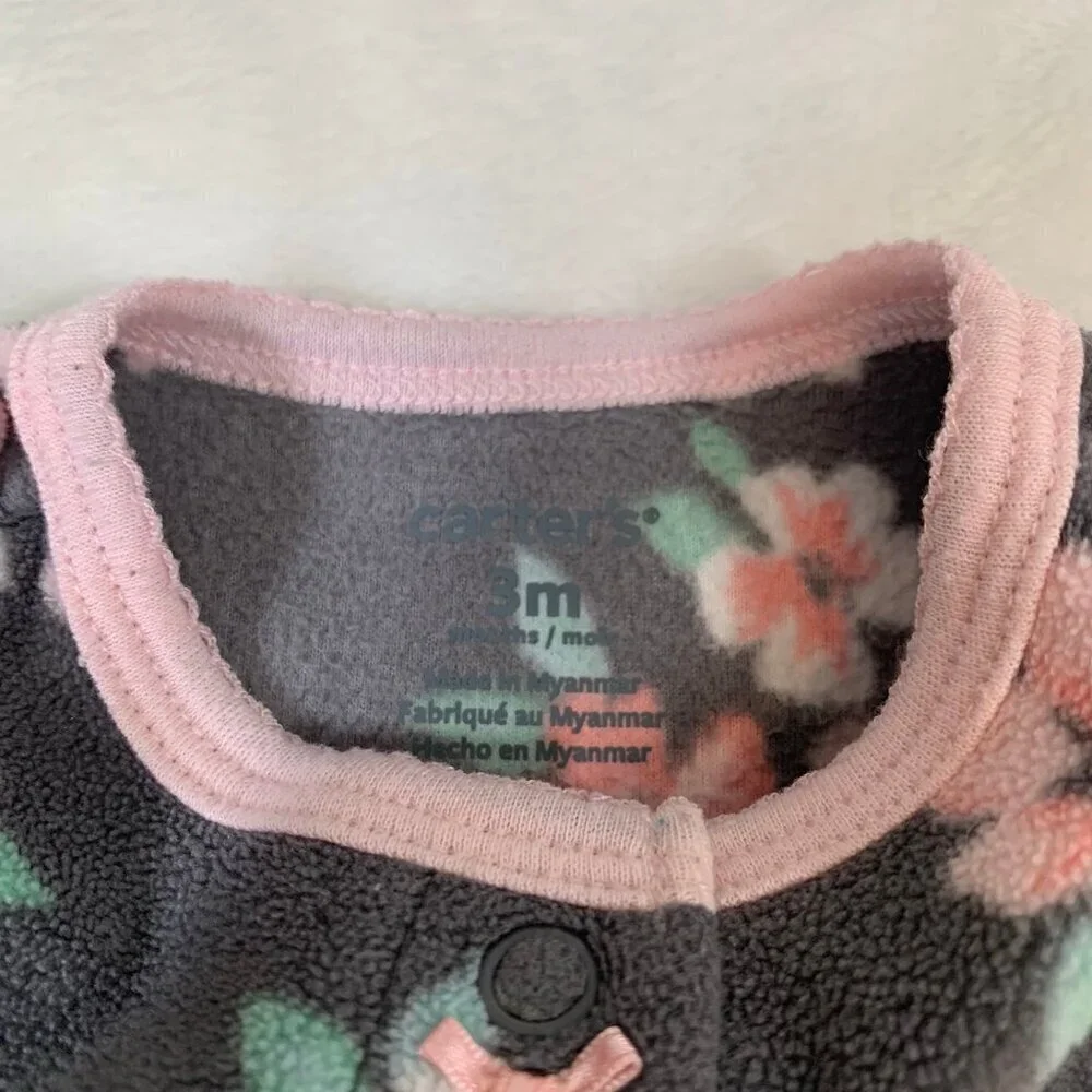 5/$25 Carter's Fleece Footed‎ Sleeper Girl 3M Gray Pink Floral Snap Front Bows